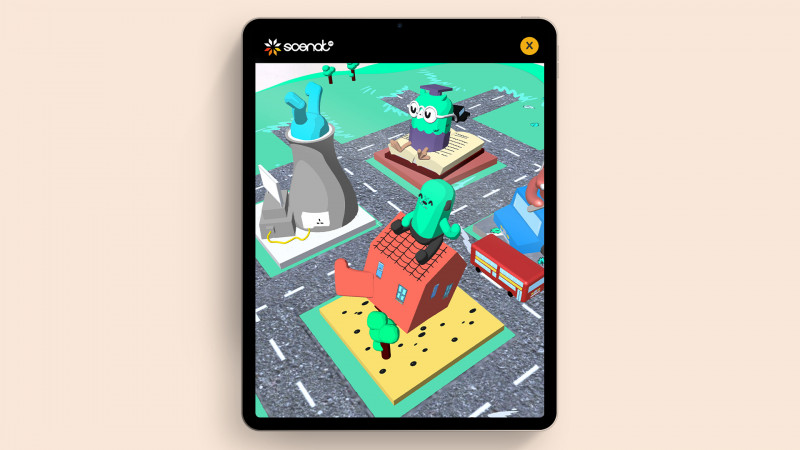 SCEnAT AR Carousel image of an iPad in AR view, showing a 3D city being displayed in Augmented Reality - 